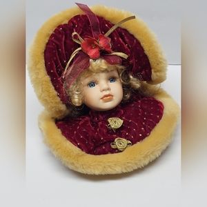 Vintage Dandee Victorian Porcelain Head Blond Red Velvet Gold Christmas Ornament